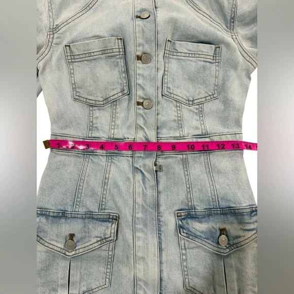 Express Light Blue Denim Padded Shoulder Button up mini dress Size S - Picture 6 of 10